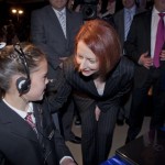 The PM talks to a student from Kellyville Public School who has been taking part in a immersive classroom pilot program – demonstrated over the NBN at the event.